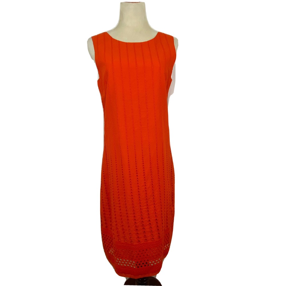 Orientique Shift Dress Womens Size‎ 8 Orange Eyelet Embroidered Sleeveless Midi